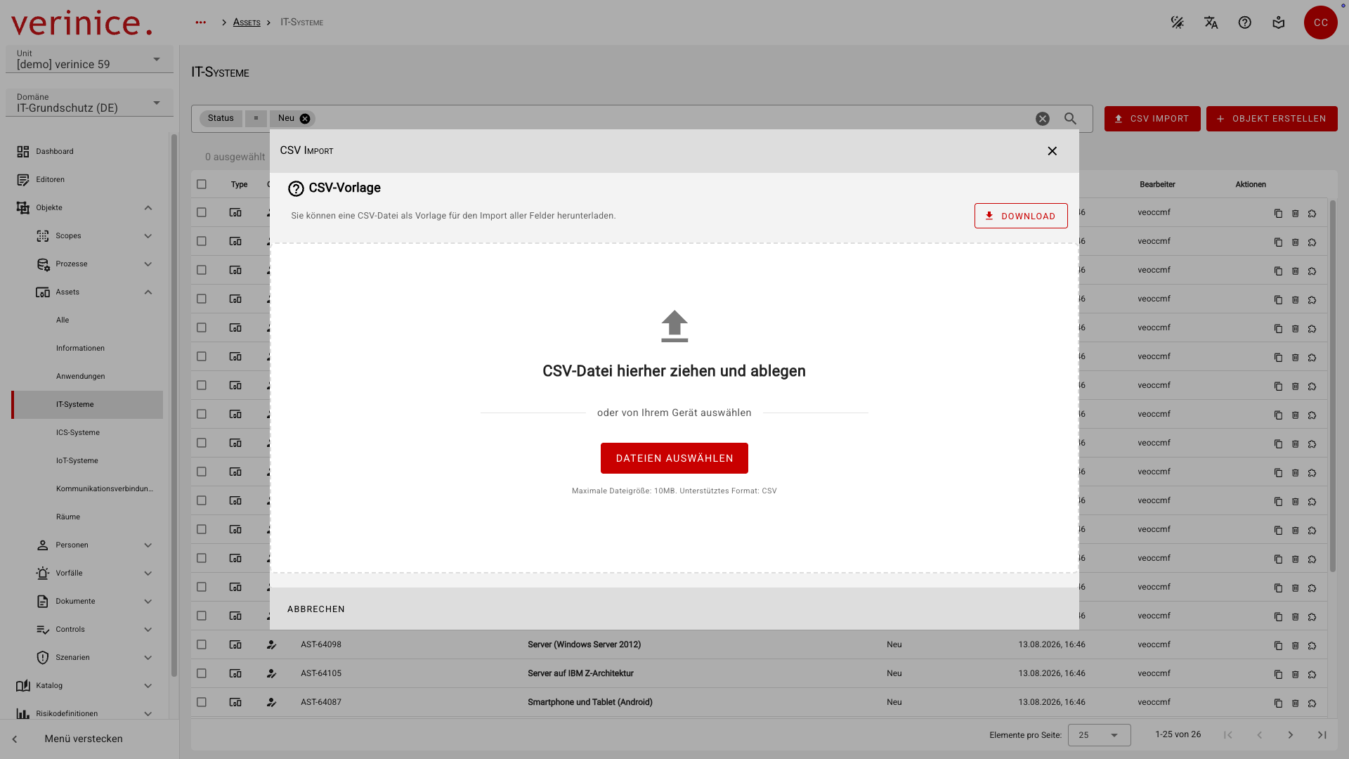 CSV-Import in der Objektübersicht