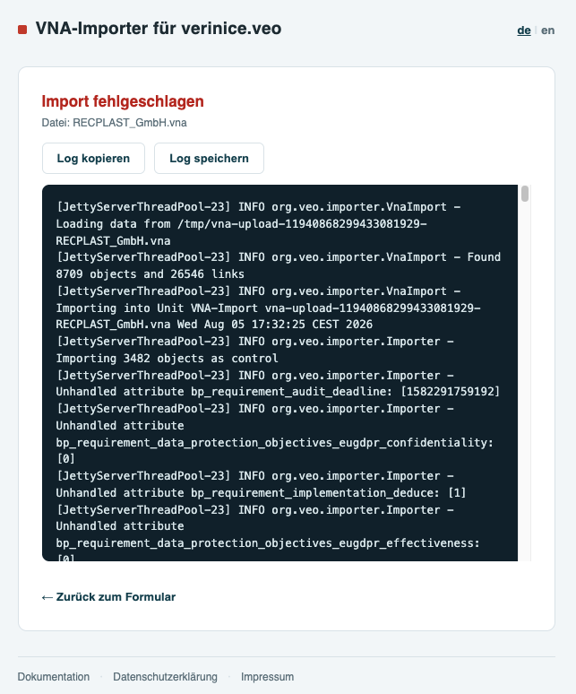 Import fehlgeschlagen